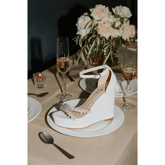 Lulus Adondes White Rhinestone Ankle Strap Wedge Sandals - Size 5.5 - Picture 1 of 2